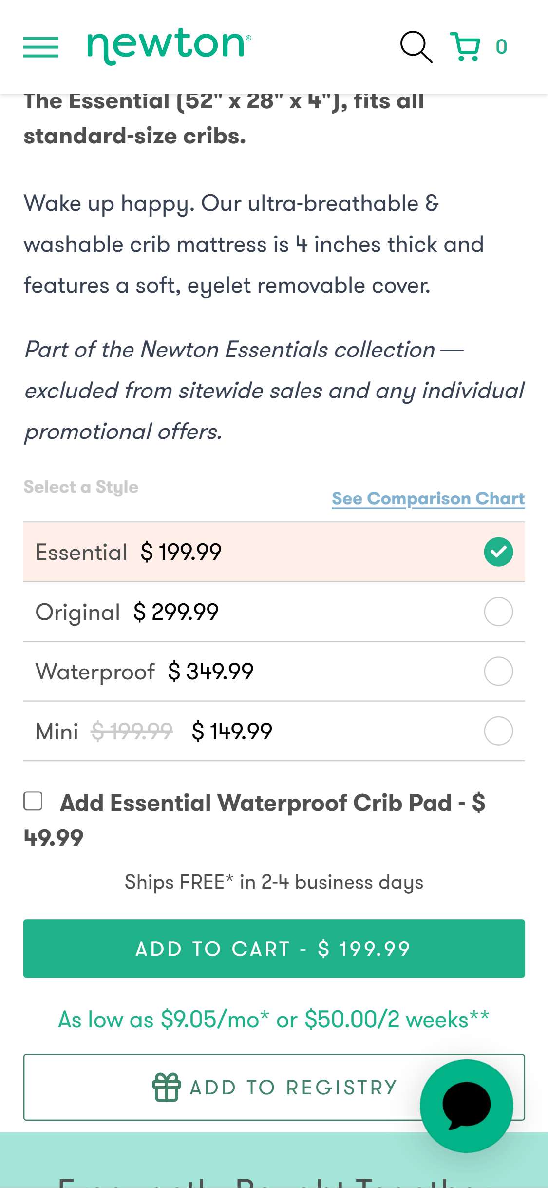 Newton Baby — Mobile PDP (financing as footnote, no express checkout)