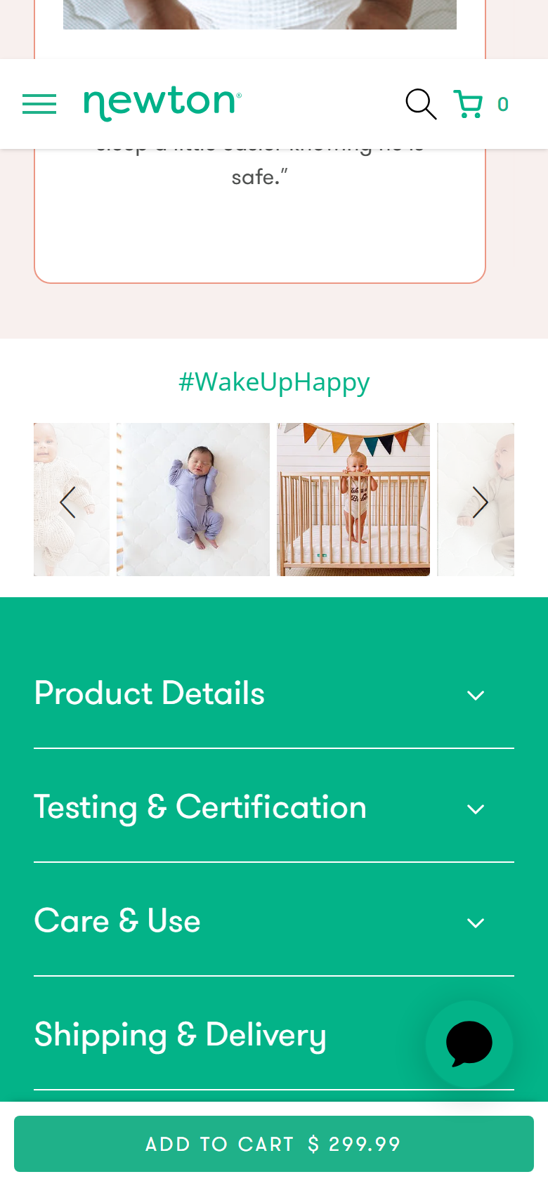 Newton Baby — Mobile PDP (#WakeUpHappy UGC photos buried mid-page)